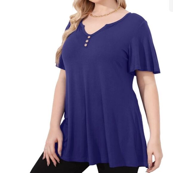 ZYFMAILY Womens Ruffle Short Sleeve Top Flowy Henley V Neck Tunic 3x royal blue - Picture 1 of 6
